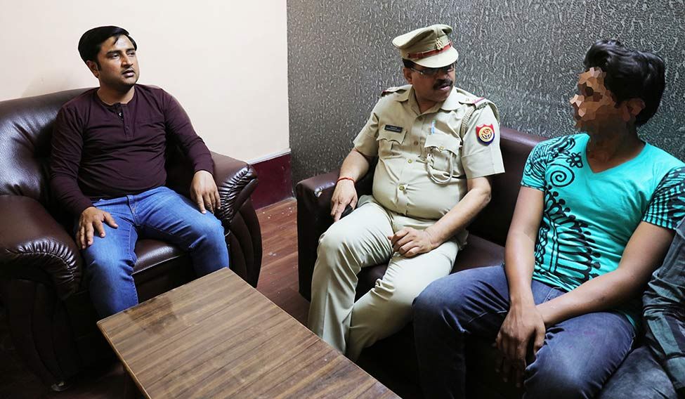 Easy pick: (From right) Sharad Kumar with senior sub-inspector Radha Raman Singh and a local leader and social worker Manish Yadav | Pawan Kumar Blood trail