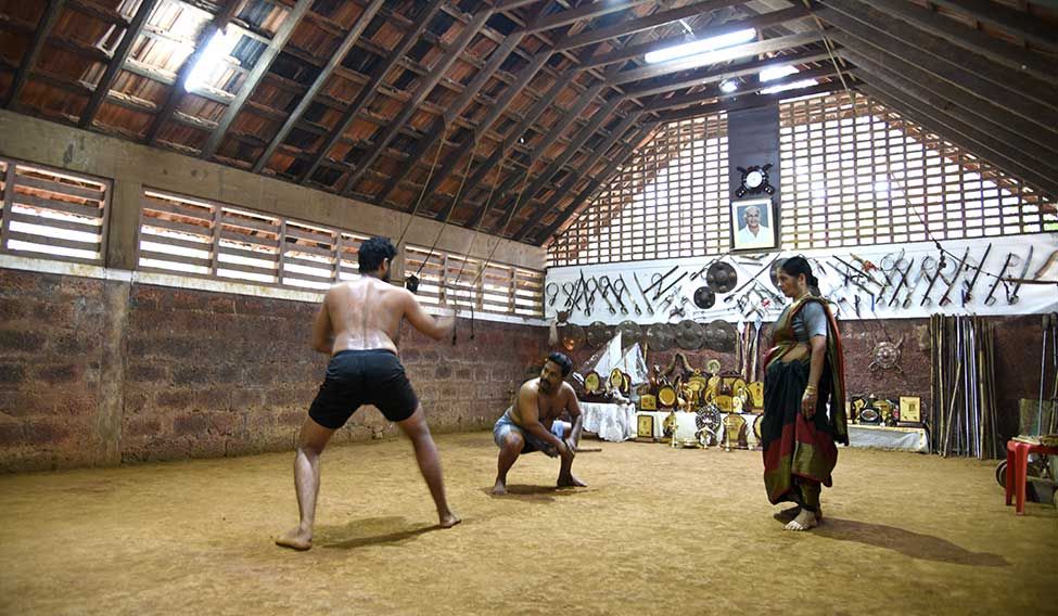 Tryst with fight: Meenakshiamma with her students at the kalari. Granny in duel