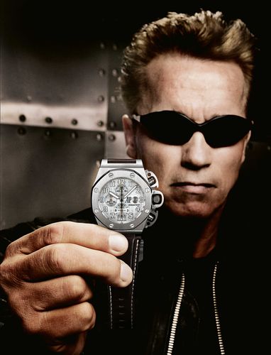Schwarzenegger with the Royal Oak Offshore T3 Chronograph he wore in Terminator 3. Celluloid celebs
