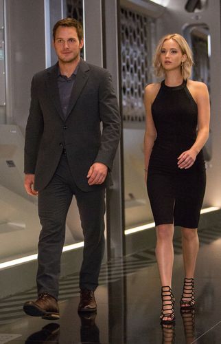 Chris Pratt and Jennifer Lawrence walk through the hibernation bay on date night in 'Passengers' The grounded star