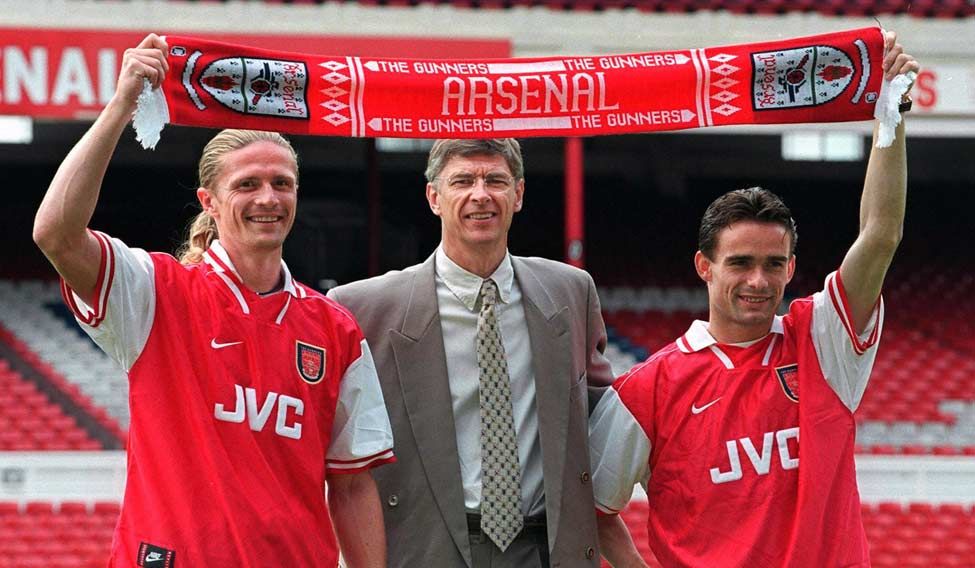 (File) Wenger (centre) with the club's new signings, Emmanuel Petit (left) and Marc Overmars in 1997, at Highbury Stadium in London | AFP Arsene Wenger: Twenty and counting