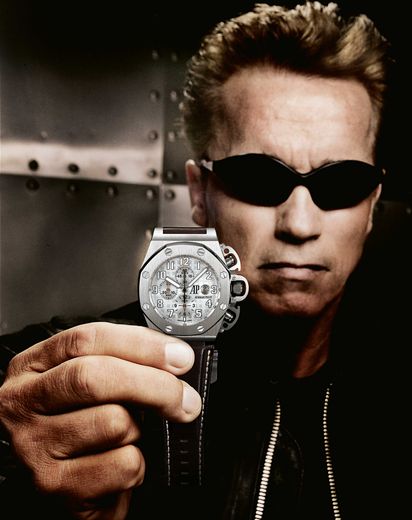 Schwarzenegger with the Royal Oak Offshore T3 Chronograph he wore in Terminator 3. The Terminator's Timers