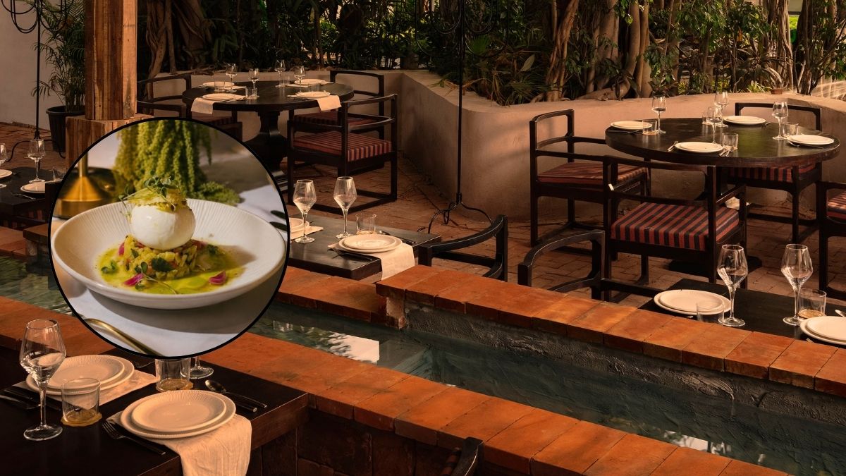 Visuals from the interior of Zetu, a new Sri Lankan restaurant at the 1AQ complex in Delhi's Mehrauli area; (inset) Island Burrata, which is one of the dishes on the menu