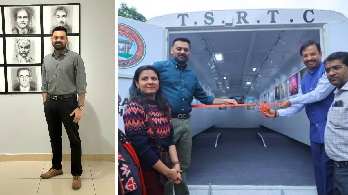 Aquin Mathews, director, Indian Photo Festival. (Right)  Aquin Mathews and V C  Sajjanr, the then vice-chairman of TSRTC, inaugurating the bus art gallery on December 11, 2022