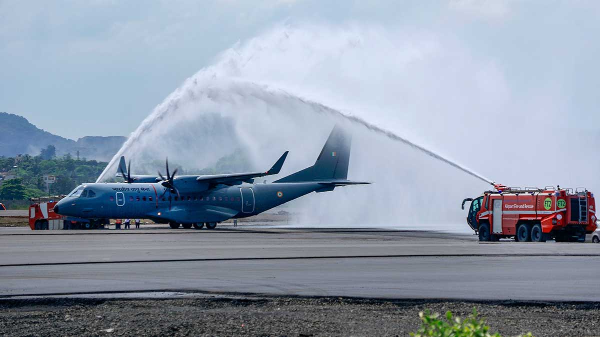 New beginnings: The C-295, the first large-bodied plane to be ‘Made in India’,  being given water cannon salute in Mumbai | PTI