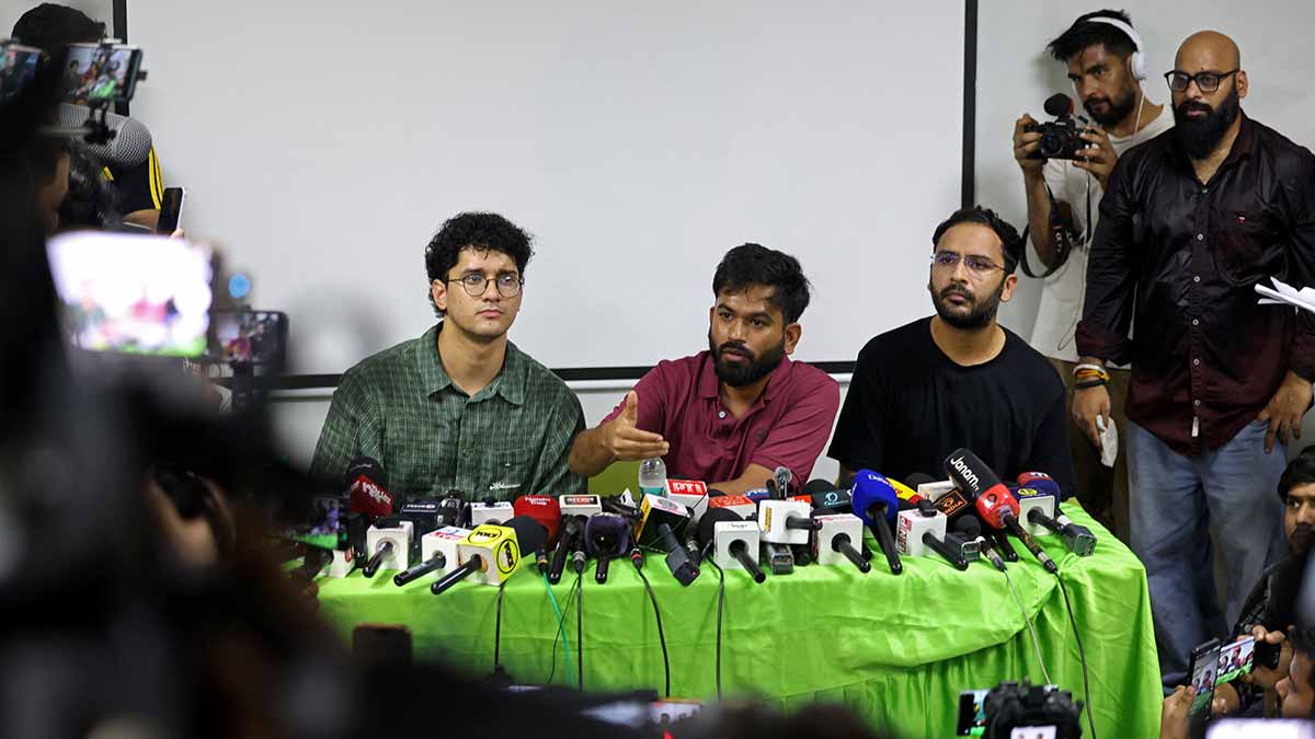 Next moves: (From left) CJP leaders Saurav Das, Abhijeet Dipke and Ashutosh Ranka at a news conference in Delhi on September 24 | AP