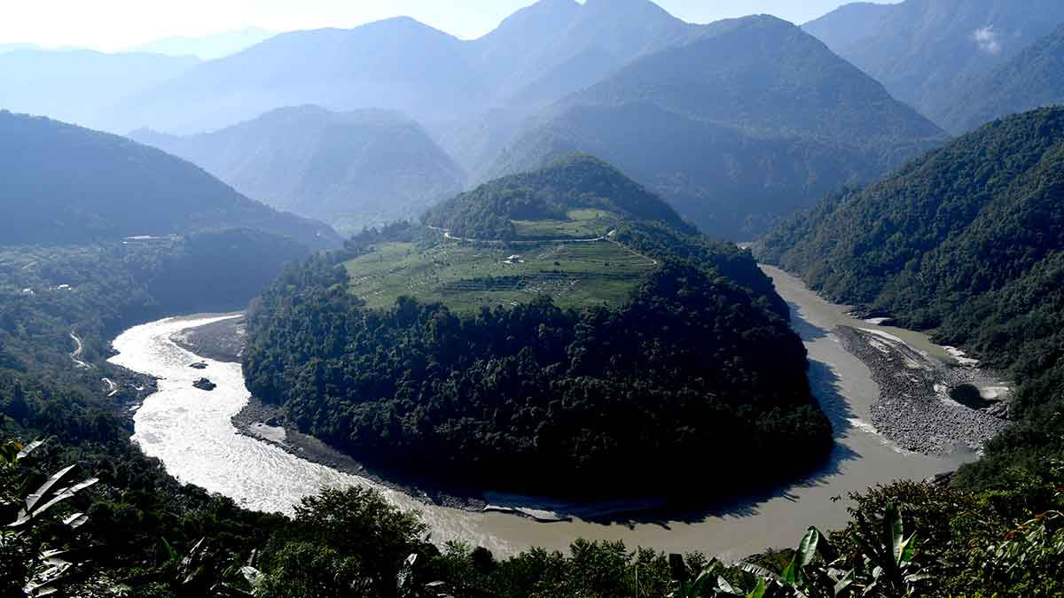 Flow and fear: Aerial view of a section of the Yarlung Tsangpo river in Medog | Getty Images