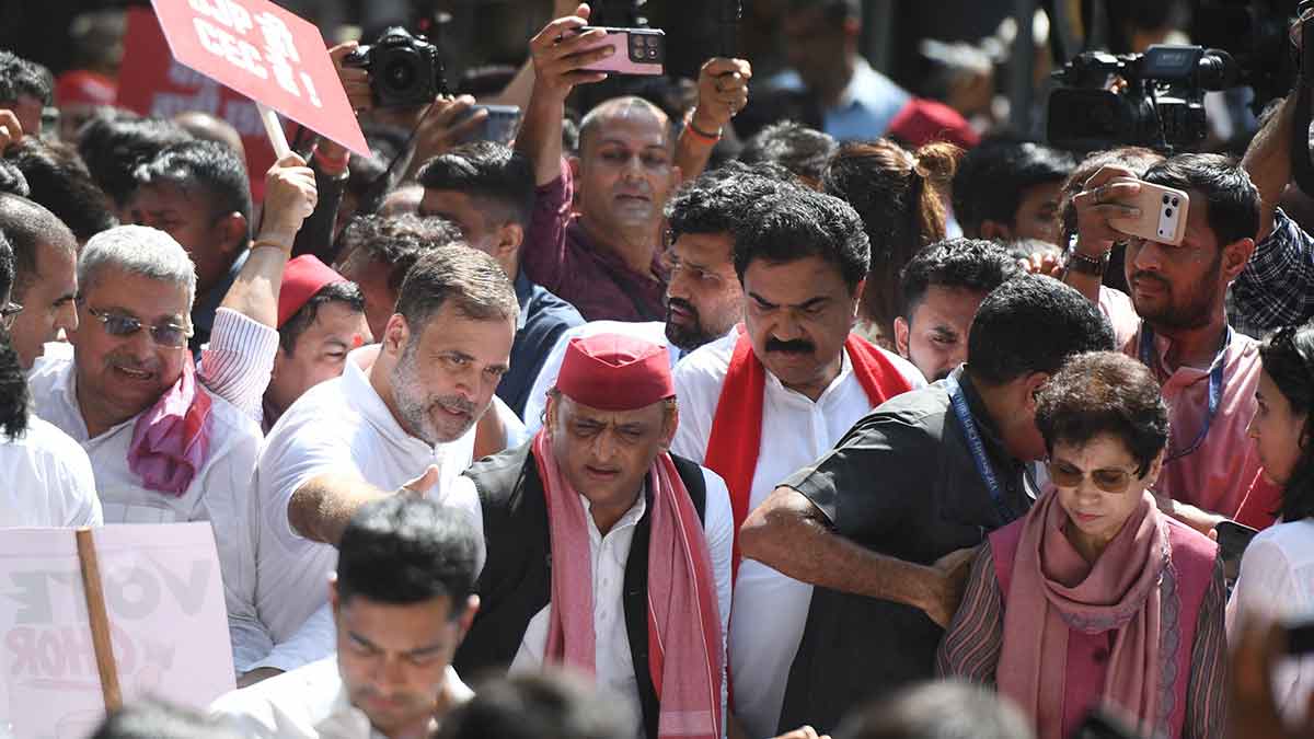 United stand: Opposition leaders, including Rahul Gandhi and Akhilesh Yadav, during a ‘vote chori’ protest in Delhi on October 6 | Kritajna Naik