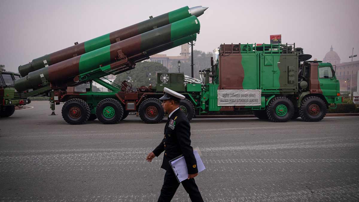 Heavy hitter: An officer walks past the BrahMos missile systems during a rehearsal for the Republic Day parade in Delhi in January 2025 | Reuters