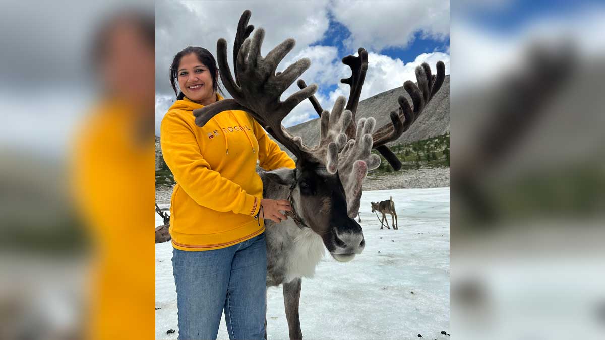 Reindeer diaries: Mitra at a reindeer village in Mongolia.