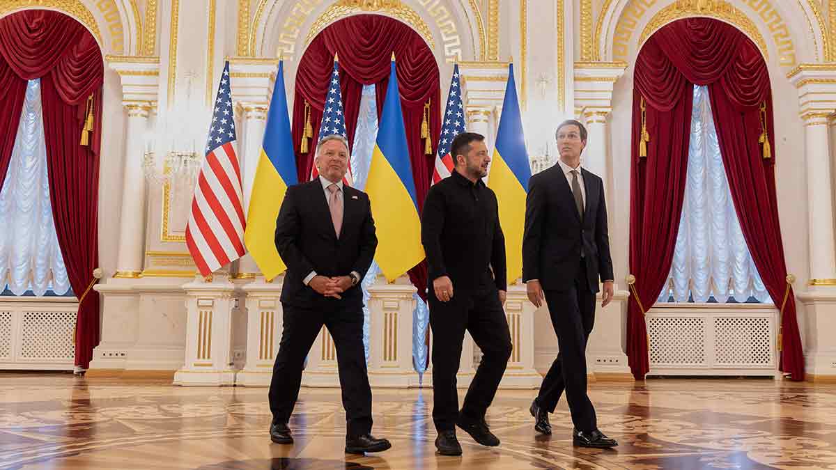 Elusive peace: Ukraine’s President Volodymyr Zelensky (centre) with President Donald Trump’s envoys Jared Kushner (right) and Steve Witkoff at Mariinsky palace in Kyiv on September 6 | AP