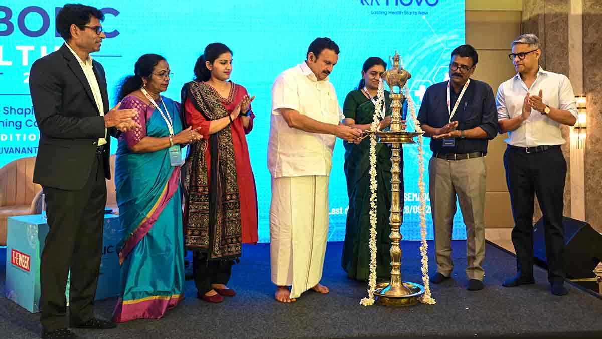Auspicious start: Kerala Health Minister K. Muraleedharan inaugurating THE WEEK Metabolic Health Summit; (from left) Vikrant Shrotriya, managing director of Novo Nordisk India;  Dr V. Meenakshy, director of health services; Dr Renu Raj, state mission director, NHM;  Dr Sharmila Mary Joseph, principal secretary (health); Dr K.V. Viswanathan, director of medical education; and Riyad Mathew, Chief Associate Editor and Director, THE WEEK | Sreelakshmi Sivadas