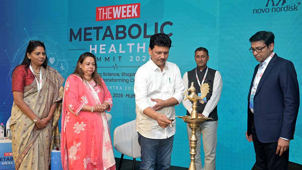 Lighting the way: (Left to right) Naina Dhawad, market access manager, Novo Nordisk, Dr Pallavi Saple, director, Directorate of Medical Education and Research, Maharashtra, Prakash Abitkar, Minister of Public Health and Family Welfare, Maharashtra, Clifford D’Souza, senior regional manager, Public Care Unit-Novo Nordisk and Shree Kumar Menon, Resident Chief General Manager, Malayala Manorama, Mumbai, during the lamp lighting ceremony at THE WEEK Metabolic Health Summit 2026 | Amey Mansabdar