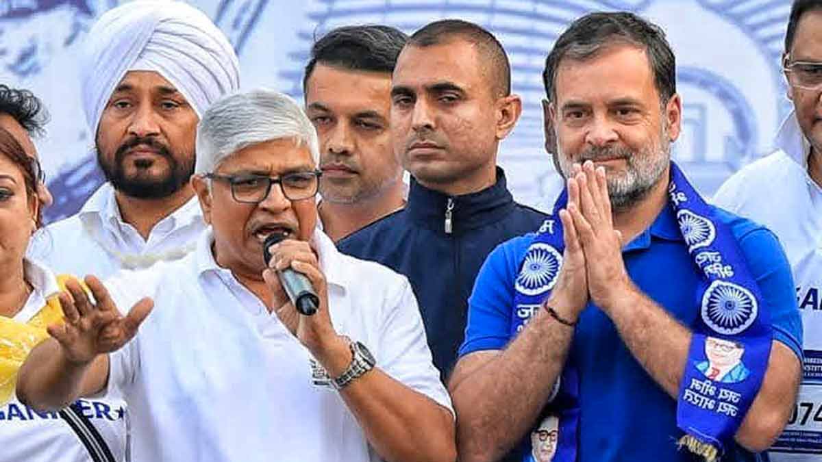 New direction: Rahul Gandhi with Rajendra Pal Gautam (to his right) at a public meeting on June 19 | X@AdvRajendraPal