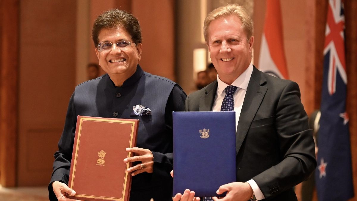 Union Minister of Commerce and Industry Piyush Goyal (left) with Christopher Luxon, Prime Minister of New Zealand at the signing of the India-NZ FTA in April 2026 | X
