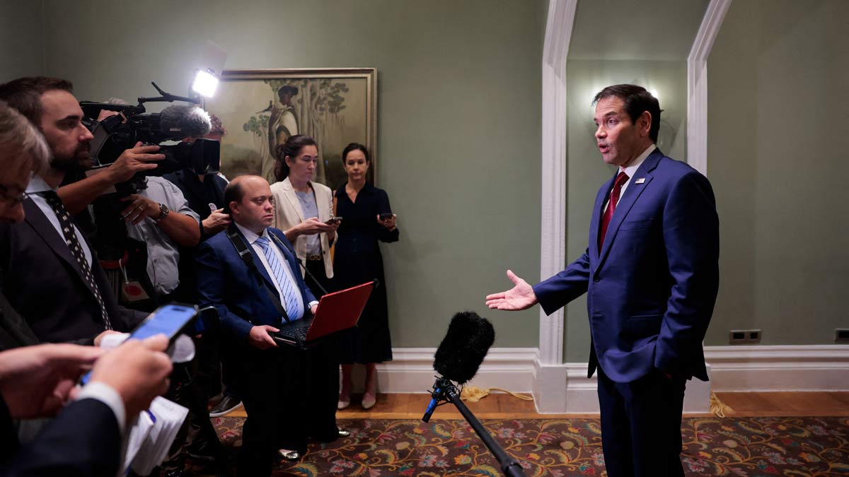 US Secretary of State Marco Rubio speaks with members of the media at the Taj Mahal Palace hotel in Mumbai | AFP