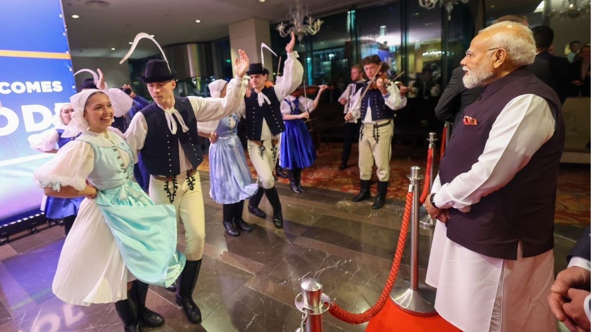 PM Narendra Modi is welcomed with a performance of Kopaniciarik from the Myjava region of Slovakia | X