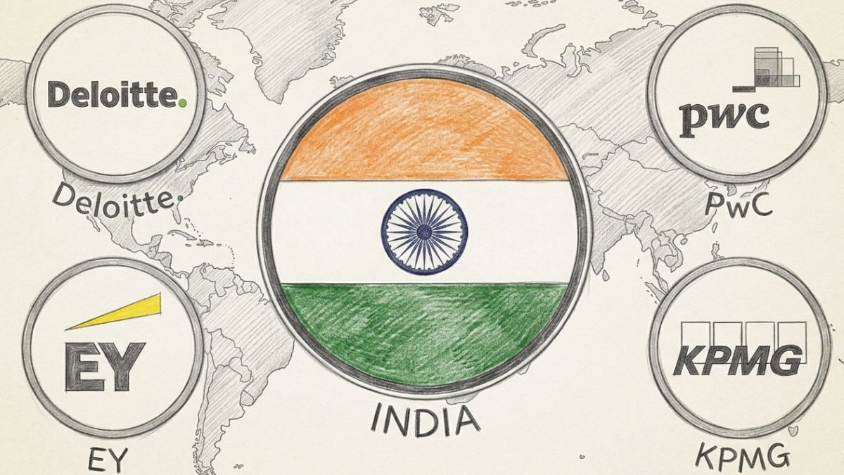 AI-generated representative image of the Indian flag and the logos of the 'Big Four' companies