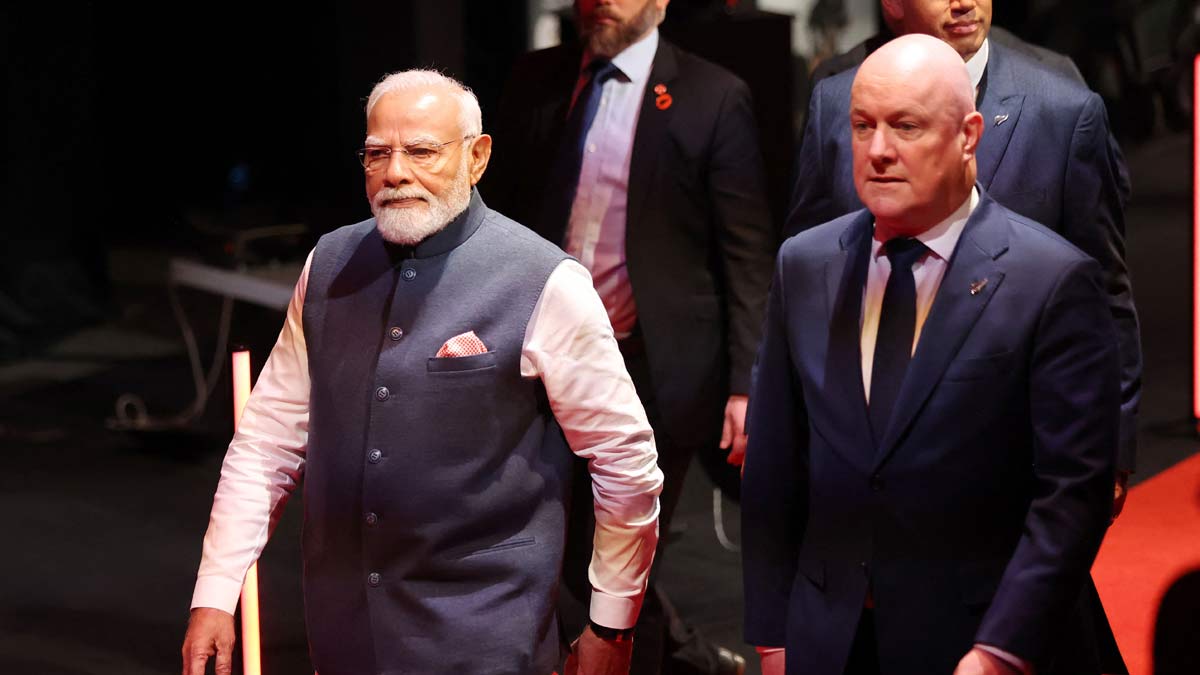 Prime Minister Narendra Modi and New Zealand Prime Minister Christopher Luxon arrive at the Winning Partnership Celebration in Auckland | AFP