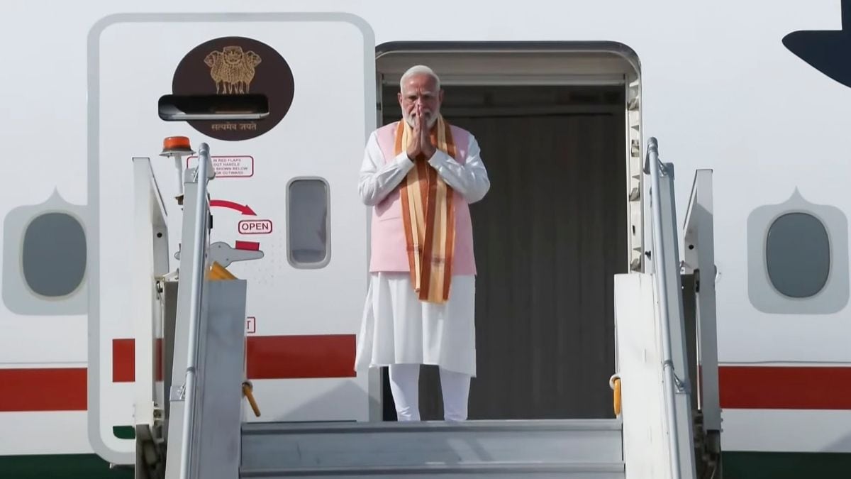 Prime Minister Narendra Modi gestures as he boards the flight for Tashkent, Uzbekistan, from New Delhi on August 29, 2026 | PTI