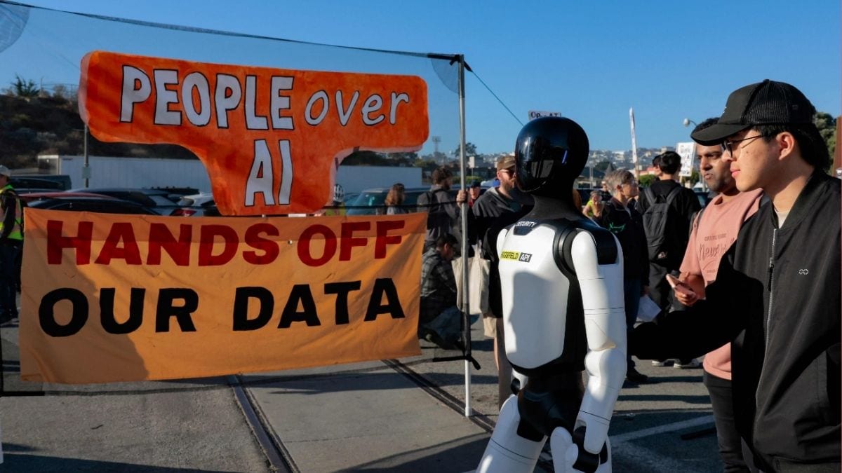 Photo for representation: Humanoid robots walk past an anti-AI protest outside an OpenAI developers conference at Fort Mason on September 29, 2026 in San Francisco, California. | AFP