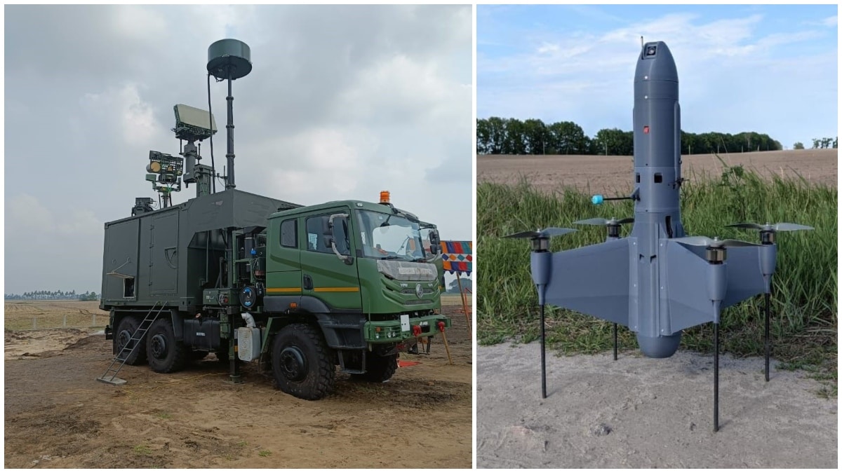 BEL's Anti-Drone System (L) and an  interceptor drone | X