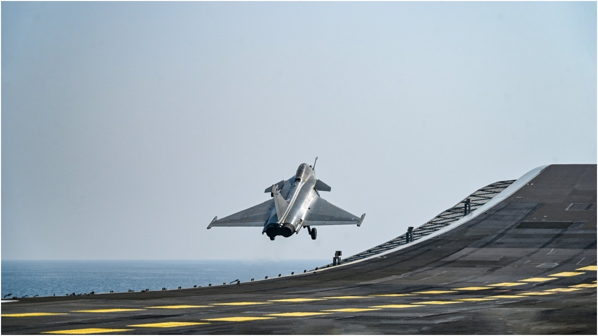 A Rafale-M taking off from Indian Navy's indigenous aircraft carrier INS Vikrant | via X