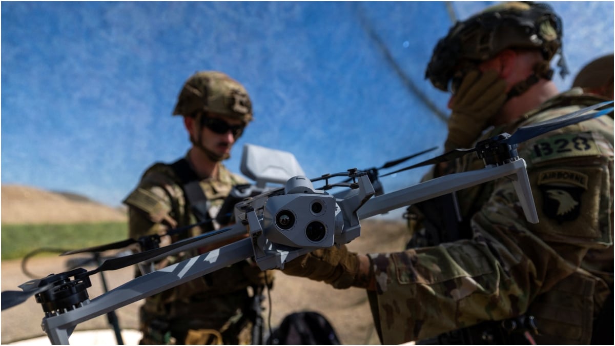 US soldiers from the Joint Task Force-Southern Border (JTFSB) prepare to launch a surveillance drone from their position along the border wall with Mexico near Yuma, Arizona | Reuters
