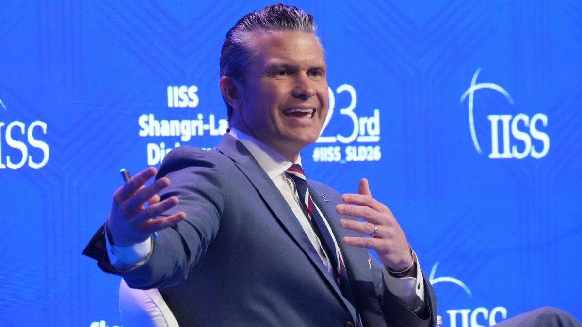 US defence secretary Pete Hegseth speaking at the Shangri-La Dialogue in Singapore on May 30, 2026 | AP