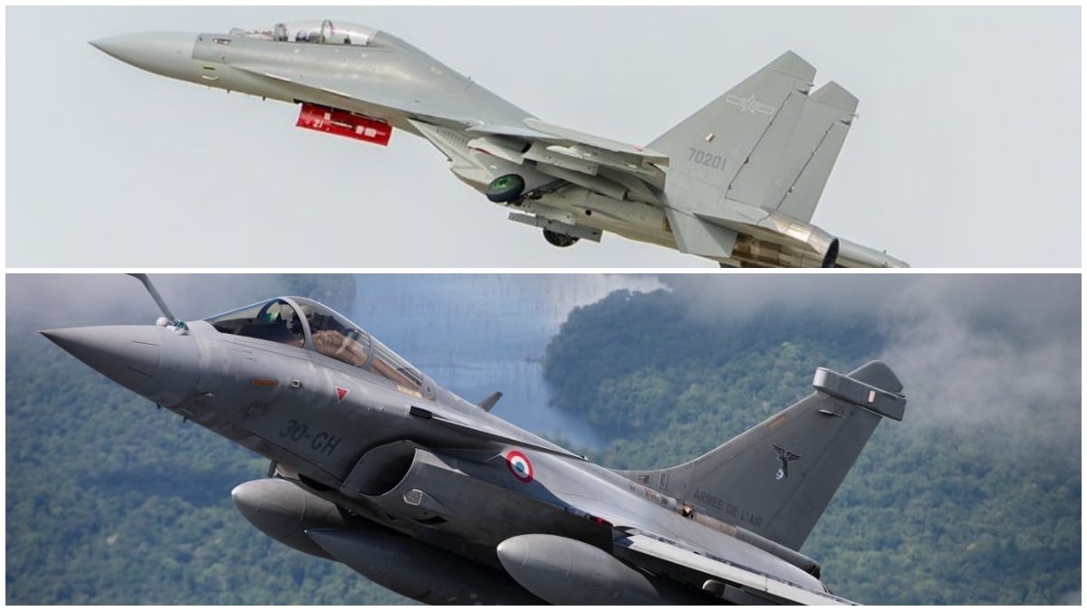 A French Rafale (below) and a Shenyang J-16 fighter jet | X
