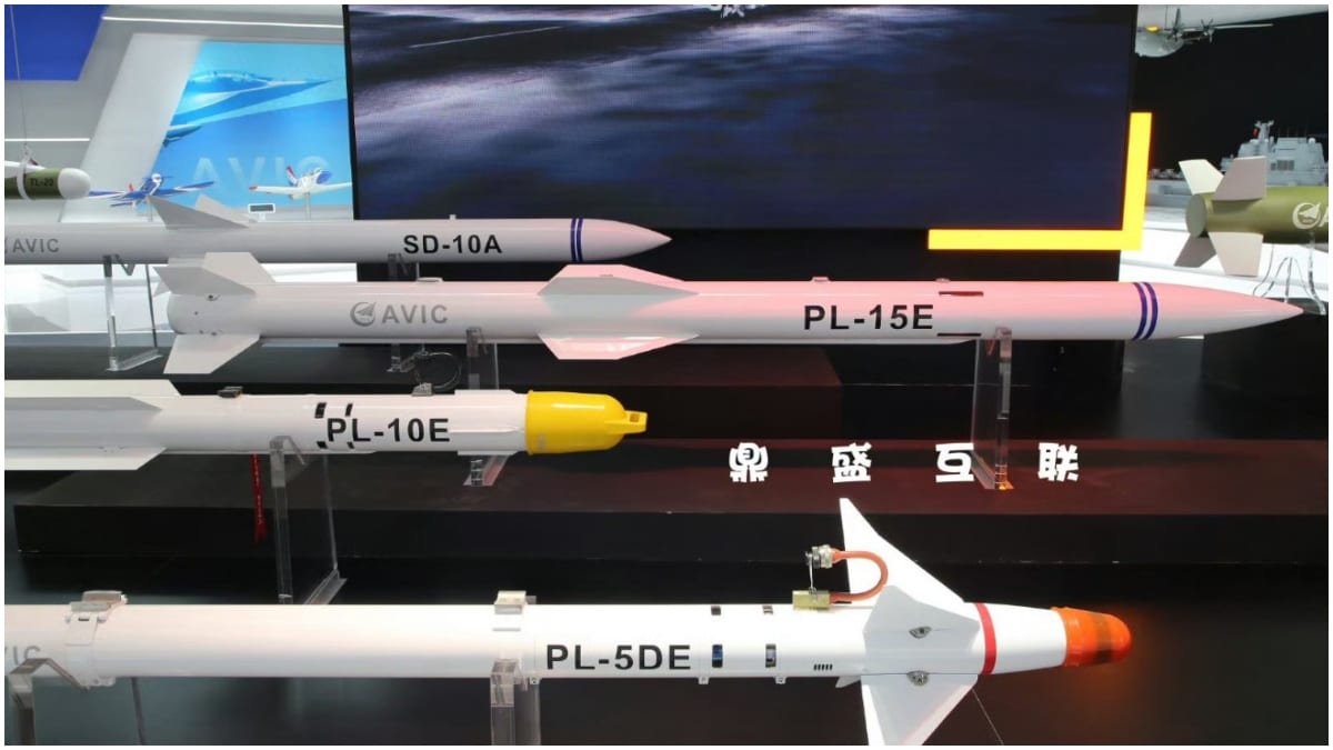A display of Chinese air-to-air missiles, including the PL-15E (export variant of the long-range beyond-visual-range missile), SD-10A, PL-10E, and PL-5DE | X