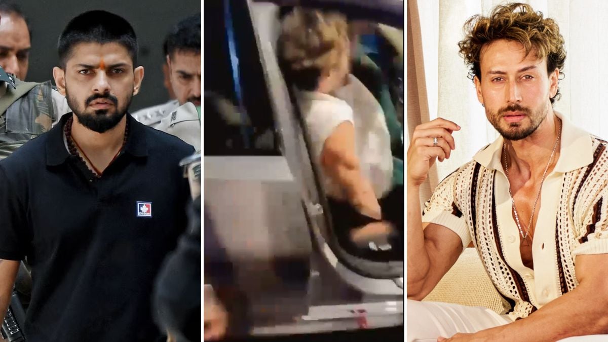 Gangster Lawrence Bishnoi (L) and Bollywood actor Tiger Shroff (R); Visuals from a video purportedly taken just after the attack, and showing the actor switching seats before driving away (centre) | Instagram, X