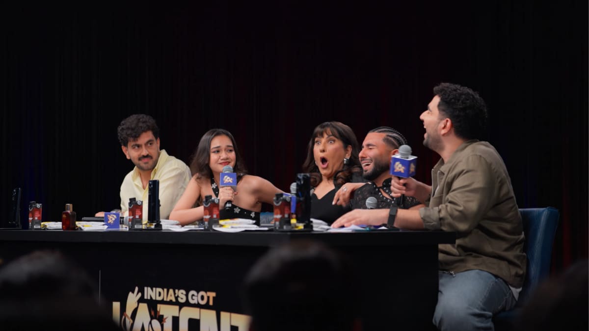 Stand-up comedian and 'India's Got Latent' host Samay Raina (fifth from left) reacts to comedian Sharon Verma's (second from left) joke in an episode from season two of the show | YouTube/Samay Raina