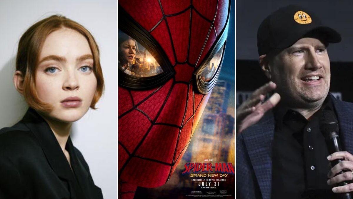 'Stranger Things' fame Sadie Sink (L) and Marvel Studios president Kevin Feige (R); (centre) A poster for 'Spider-Man: Brand New Day' | AP, IMDb