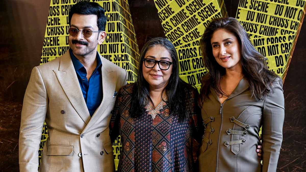 Actors Prithviraj Sukumaran, Kareena Kapoor Khan, and director Meghna Gulzar (centre) during the trailer launch of upcoming film 'Daayra', in Mumbai | PTI