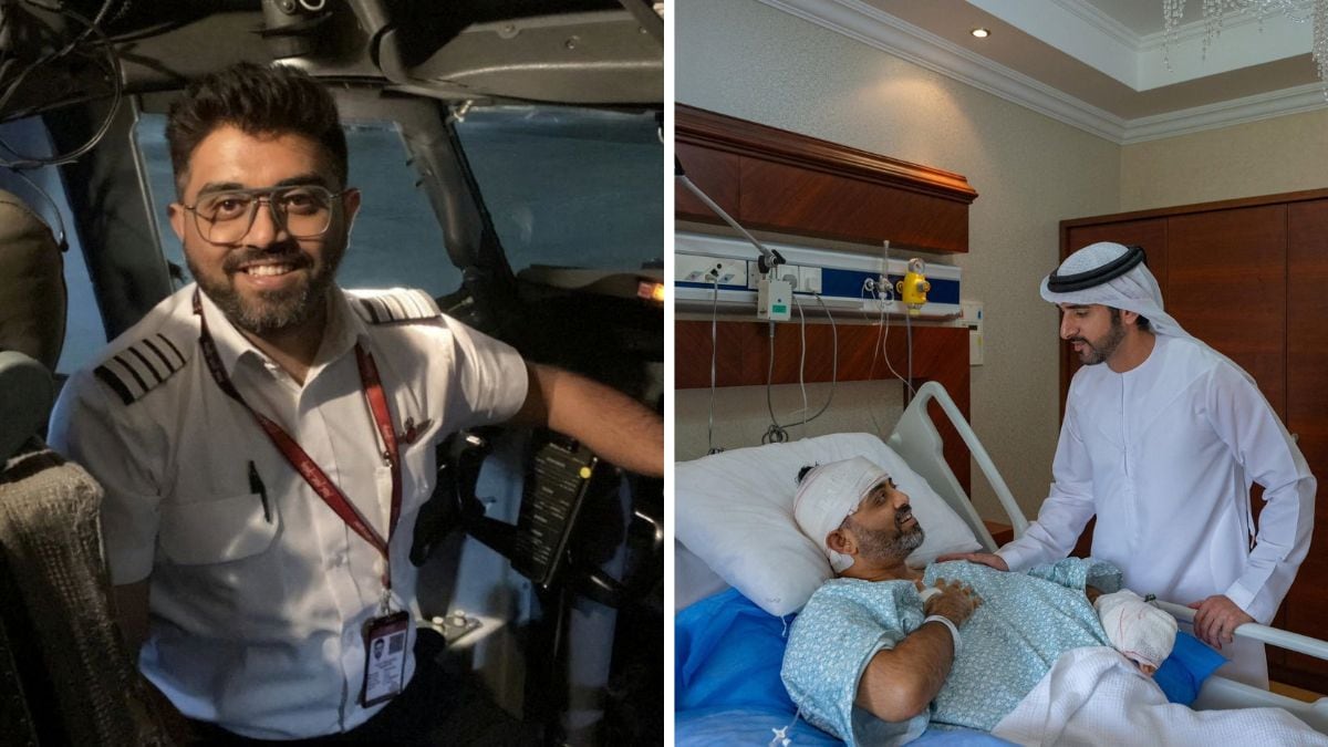 (R) Hamdan bin Mohammed Al Maktoum, Crown Prince of Dubai, meets Captain Smit Machchhar, an Indian national and flydubai pilot who is under treatment after he was stabbed by a colleague aboard a plane, in an unidentified location in UAE | Reuters