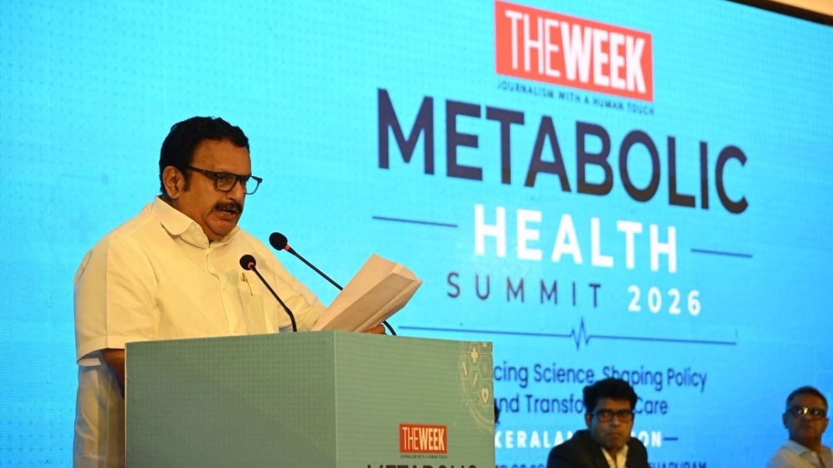 Kerala Health Minister K. Muraleedharan addressing the gathering at THE WEEK Metabolic Health Summit Keralam edition in Thiruvananthapuram. 