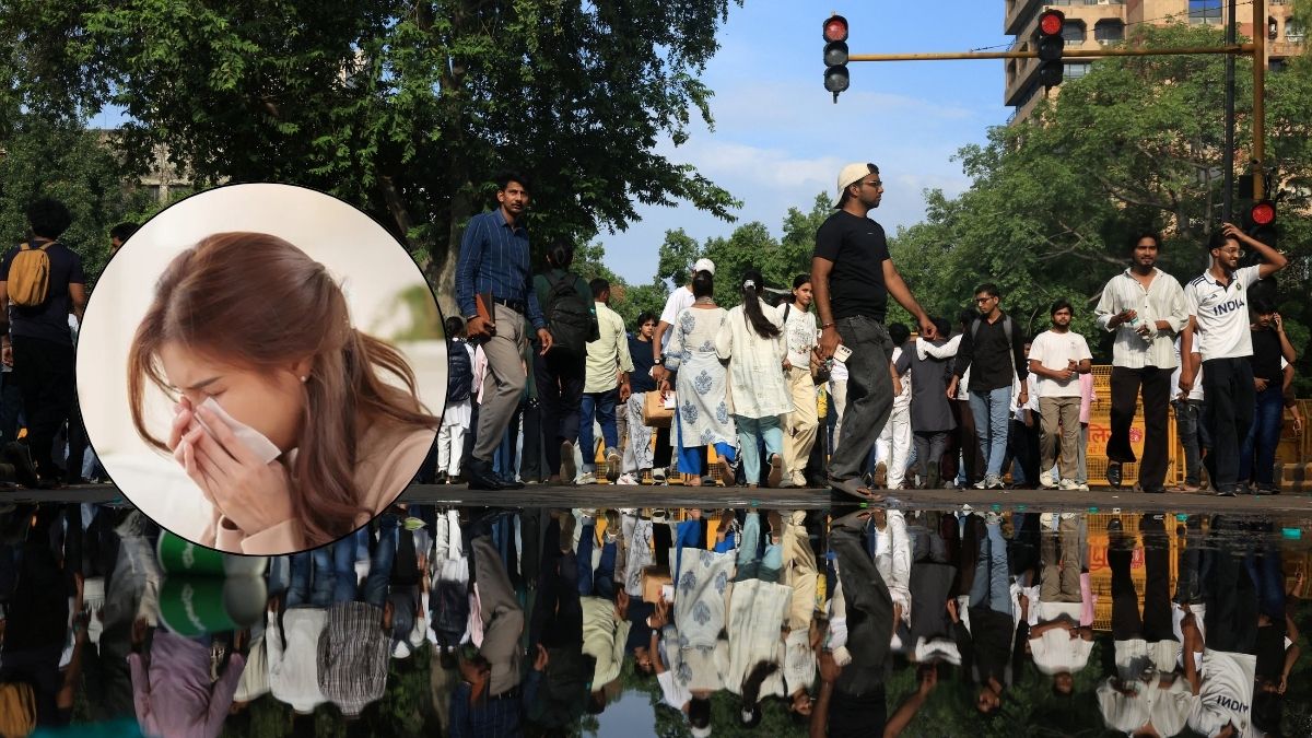 Visuals from the Cockroach Janta Party (CJP) protest at Delhi's Jantar Mantar on July 24; (inset) Representative image of a sick woman sneezing | Reuters, Shutterstock