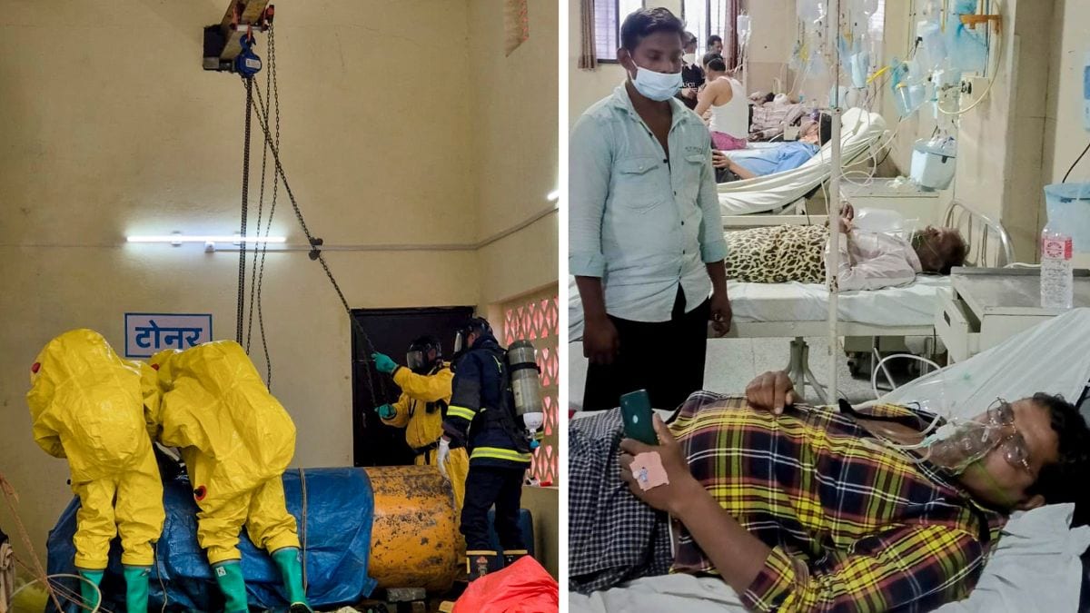 (L) Officials investigate after a chlorine gas leak at a water treatment plant, at Godhani village, in Nagpur, Maharashtra, (R) Patients being treated at a hospital after a chlorine gas leak in Nagpur | PTI
