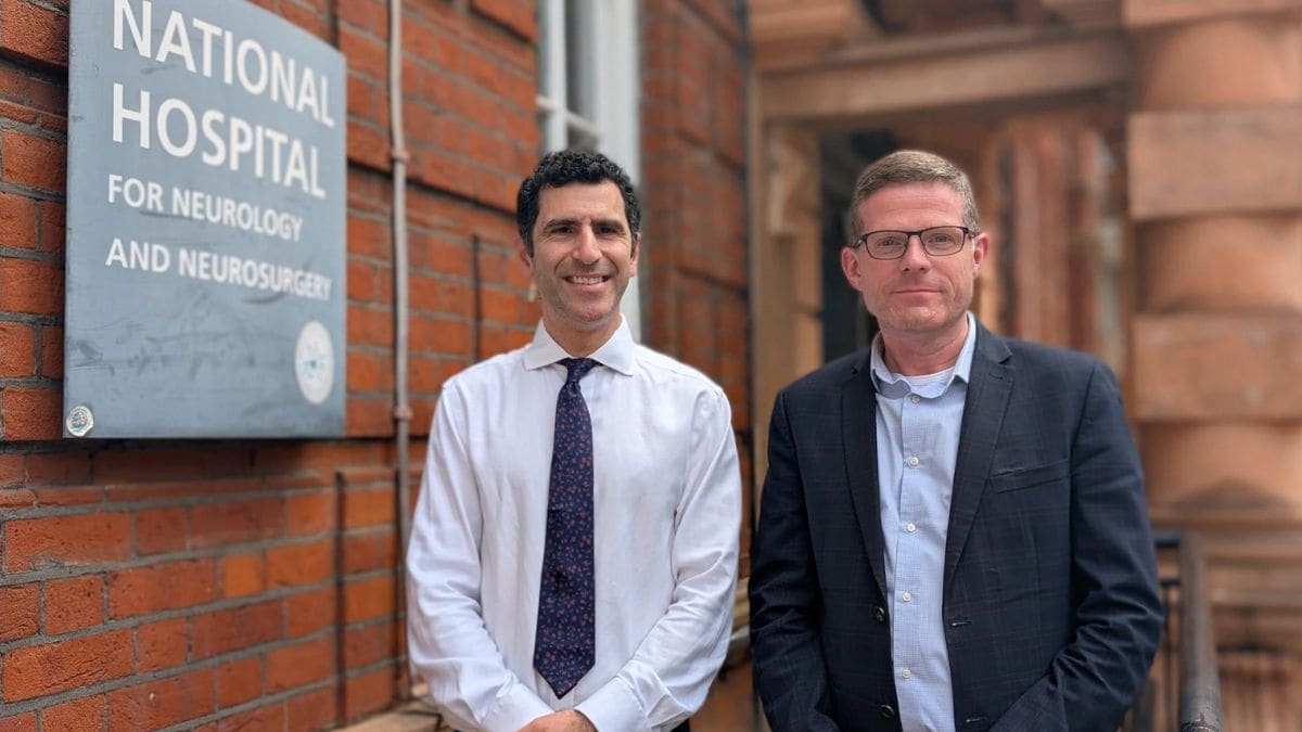 (R) Rhys Hibbert, (L) neurosurgeon Hani Marcus. Hibbert was operated on at the National Hospital for Neurology and Neurosurgery in London | UCLH