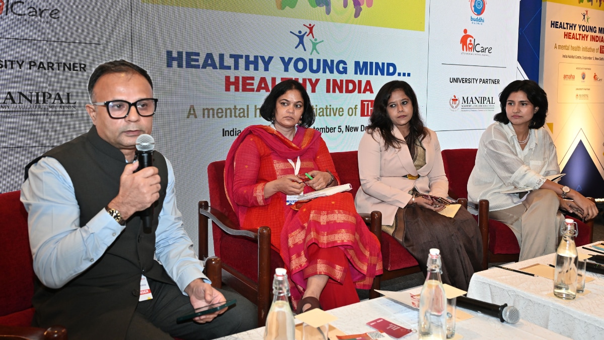 (From left to right) Pratul Sharma, Senior Assistant Editor, THE WEEK moderates the session, 'Where the change needs to start'; Dr K.S. Meena, Professor and Head of Department of Mental Health Education, NIMHANS; Kalpana D. Kumar, Founder & Director – KARE Therapy Center, Chennai; and Lavina Nanda, Head – Developmental Services, Children First; at THE WEEK’s ‘Healthy Young Mind, Healthy India’ event | Sanjay Ahlawat