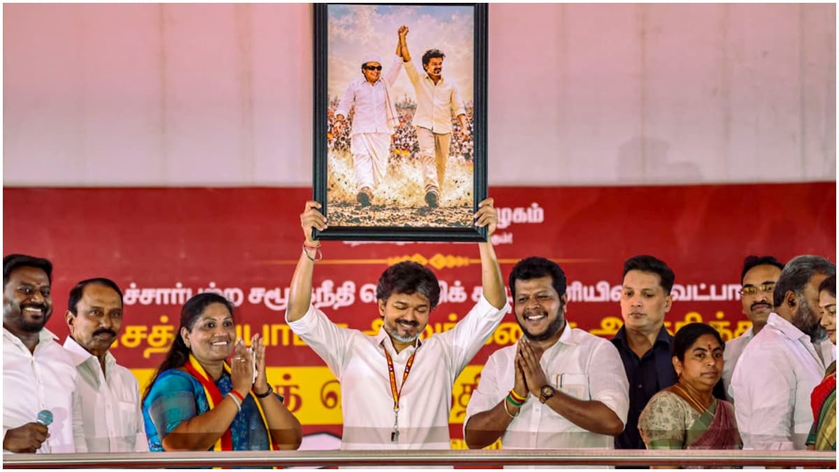 Tamil Nadu Chief Minister and TVK founder Joseph Vijay with party candidate P Sathyabama, third left, during an election campaign rally in support of the candidate ahead of the Dharapuram Assembly constituency by-poll, at Dharapuram | PTI