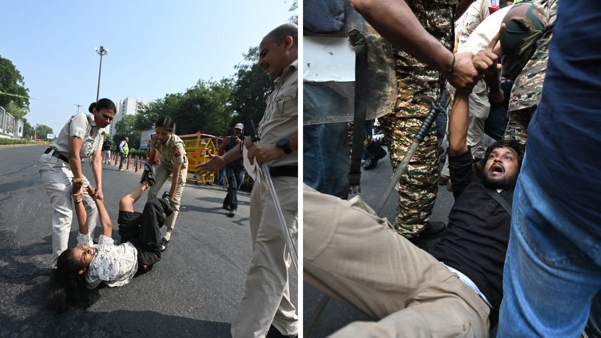 Delhi police personnel detain protesters in the national capital on Saturday, October 10 | Kritajna Naik