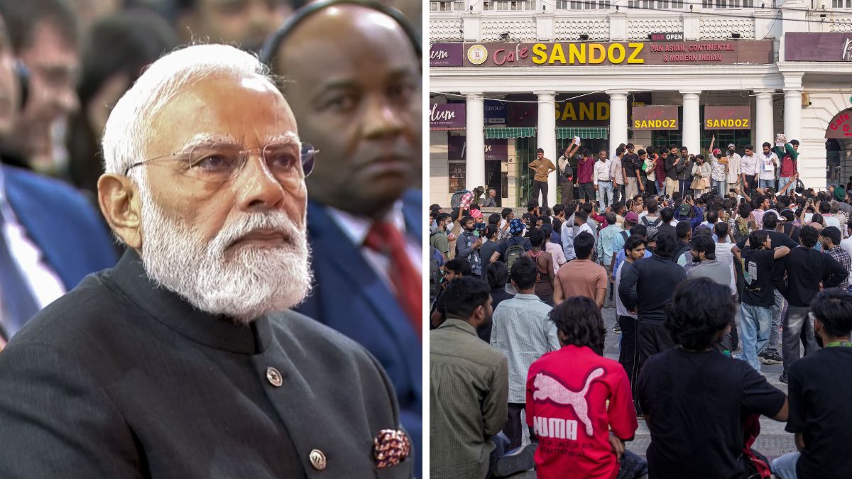 Prime Minister Narendra Modi. (Right) Demonstrators gather during a protest organised by the Cockroach Janta Party  demanding the resignation of CEC Gyanesh Kumar at Connaught Place | PTI 