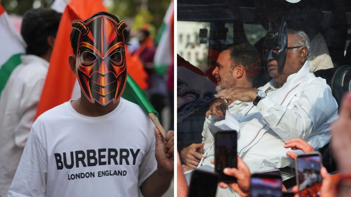 Despite keeping their distance, the CJP and the Congress seem to be borrowing from each other’s protest language; (Right) Congress President Mallikarjun Kharge sporting a Batman mask | PTI