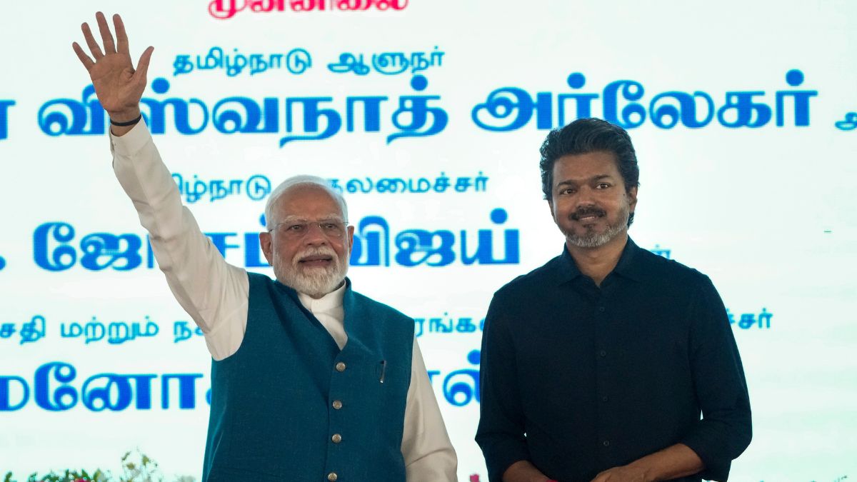 Prime Minister Narendra Modi and Tamil Nadu Chief Minister C Joseph Vijay during the launch and inauguration of various development projects worth over ₹13,000 crore | PTI
