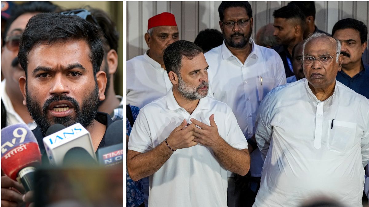 Cockroach Janta Party founder Abhijeet Dipke. (Right) Leader of Opposition in the Lok Sabha Rahul Gandhi and Congress President Mallikarjun Kharge and other leaders of the INDIA bloc during a joint press conference | PTI 