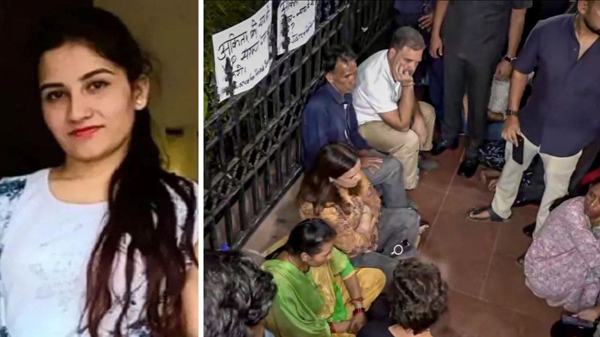 Ankita Bharai. (Right) LoP Rahul Gandhi sits with the parents of Bhandari during a sit-in protest at India Gate, in New Delhi | PTI 