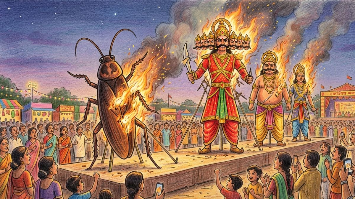 An AI-generated representative image of a cockroach effigy burning alongside those of Ravana, Kumbhkarna, and Meghnad at a Ramlila | THE WEEK