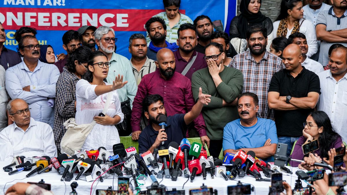 Cockroach Janta Party (CJP) founder Abhijeet Dipke addresses a press conference alongside advocate Prashant Bhushan, actor Prakash Raj, AISA President Neha Bora, and others at the Press Club of India, in New Delhi, on Oct. 15, 2026 | PTI